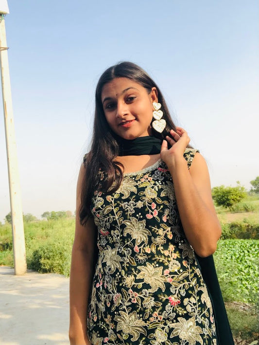 Handmade White & Gold Beaded Heart Earrings