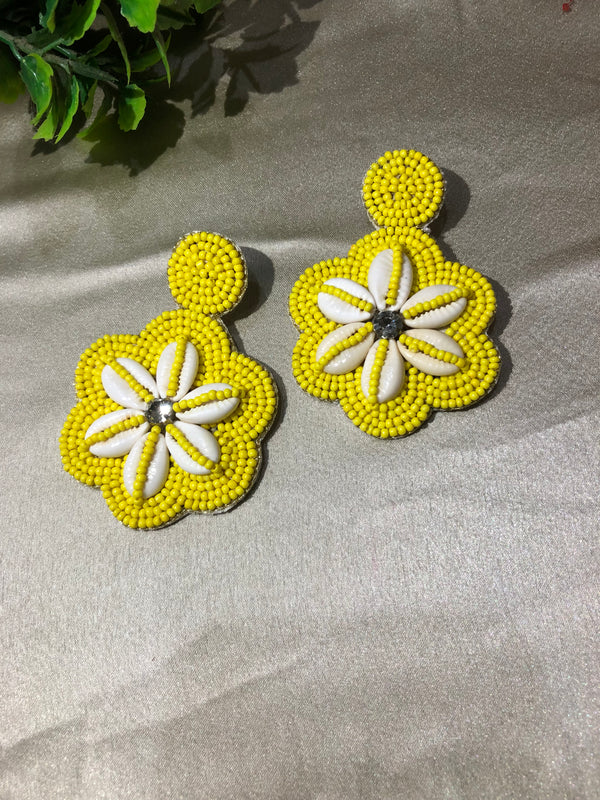 Handcrafted Yellow-white Beaded Floral Earrings