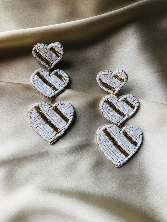 Handmade White & Gold Beaded Heart Earrings