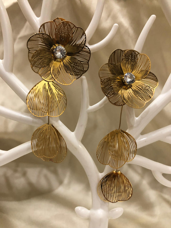 Golden Blossom Elegance | Statement Floral Dangle Earrings
