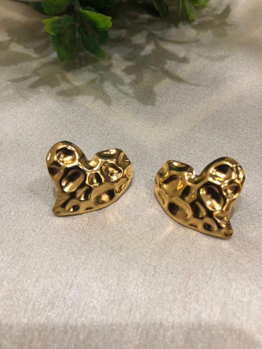 Golden Textured Heart Stud Earrings | Korean earring