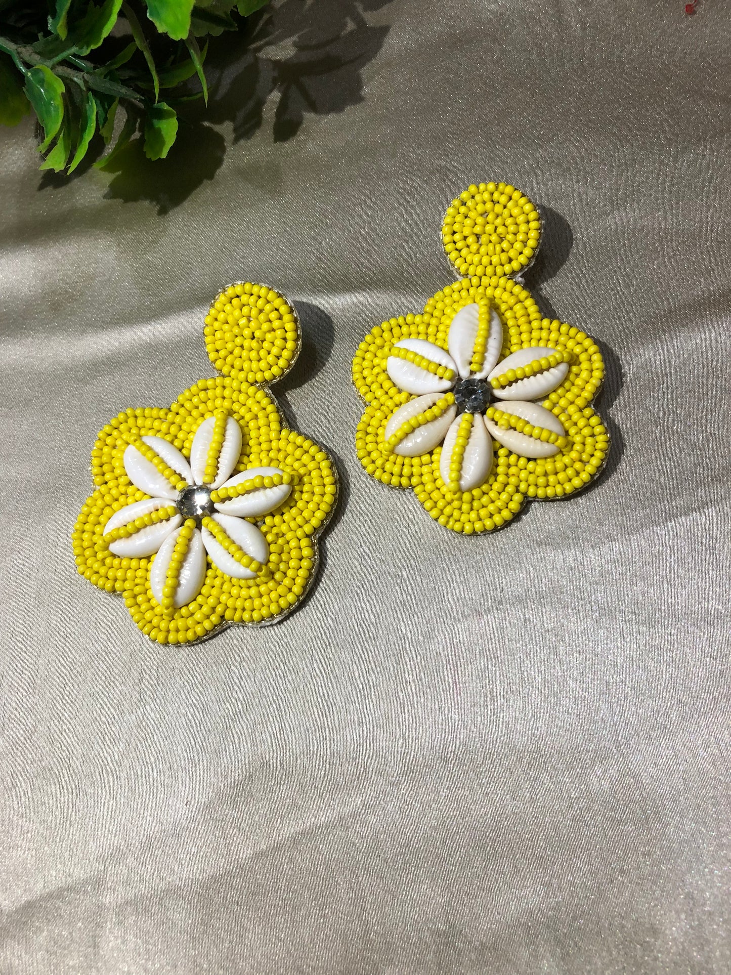 Handcrafted Yellow-white Beaded Floral Earrings