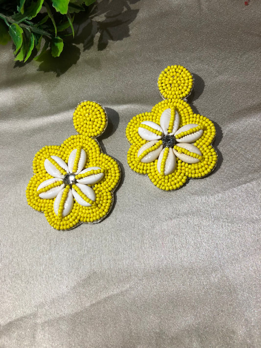 Handcrafted Yellow-white Beaded Floral Earrings