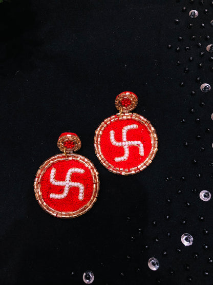 Divine Swastik Red Beaded Handmade Earrings | Traditional Festive Ethnic Jewellery for Women