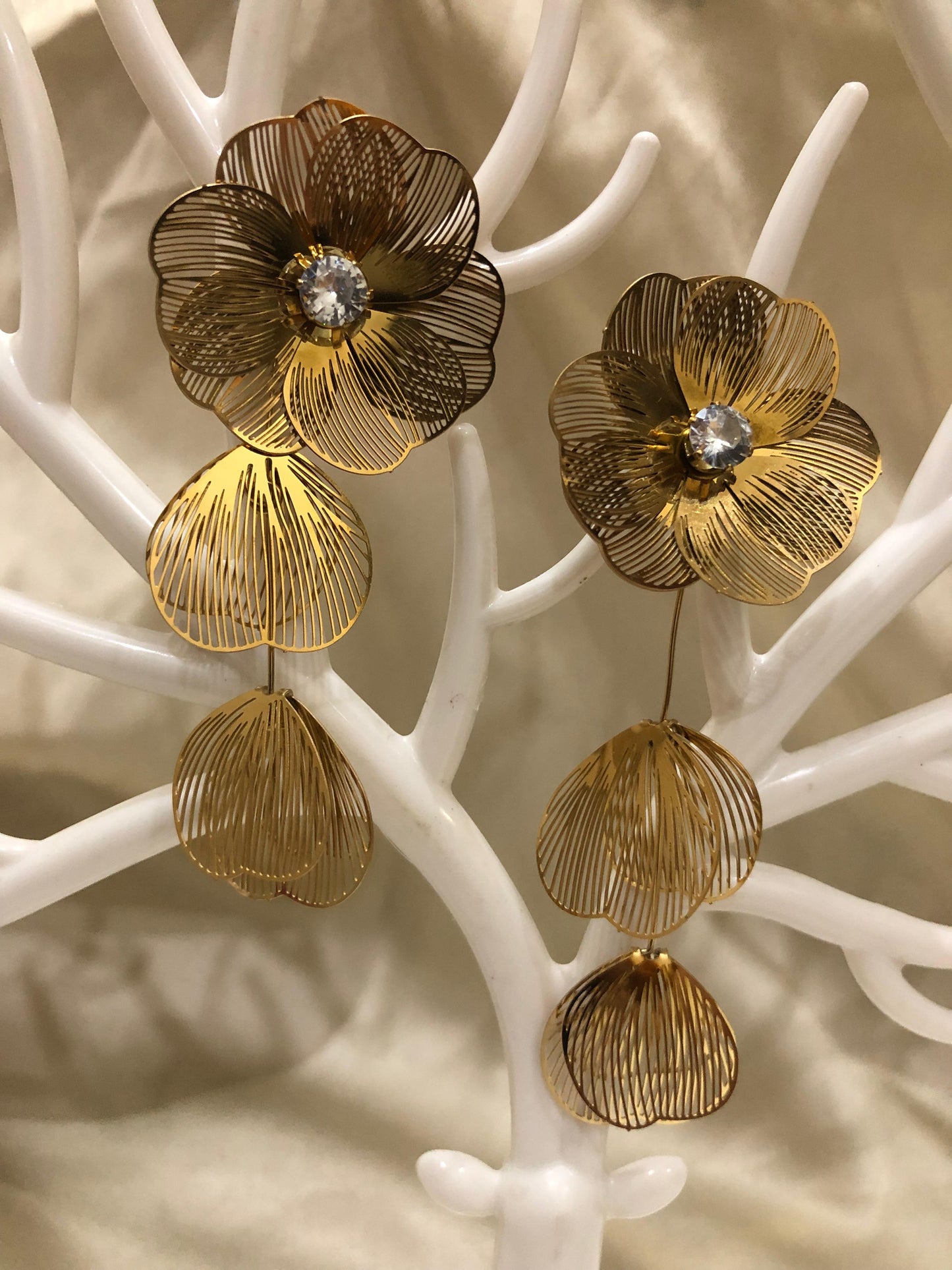Golden Blossom Elegance | Statement Floral Dangle Earrings